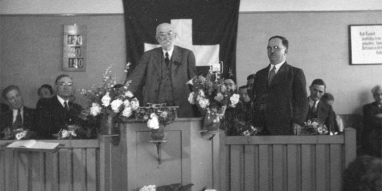 Heber J. Grant addressing Saints in Switzerland, 1937